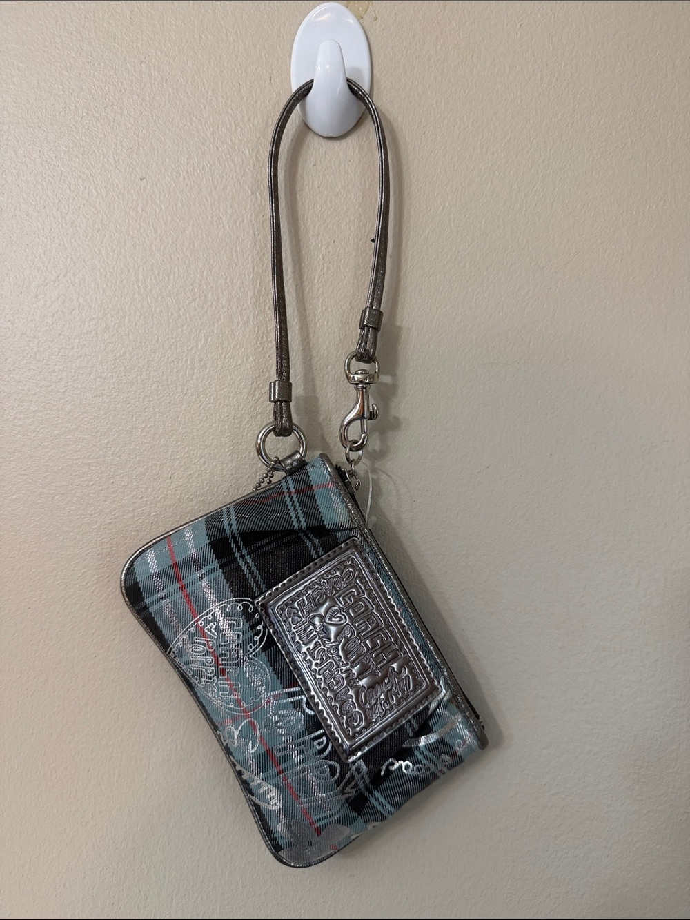 Coach Plaid Wristlet in Black, Gray, Teal and Red